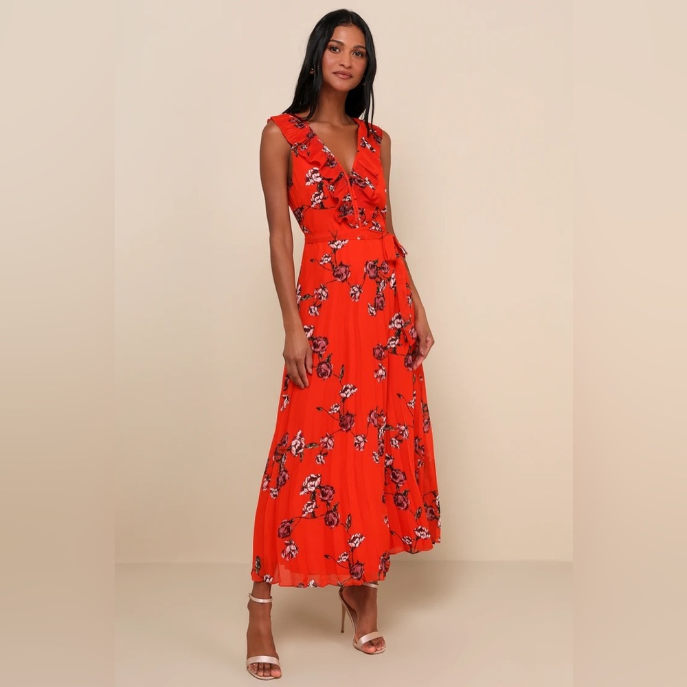 Lulus Red Orange Floral Print Pleated Chiffon Maxi Dress